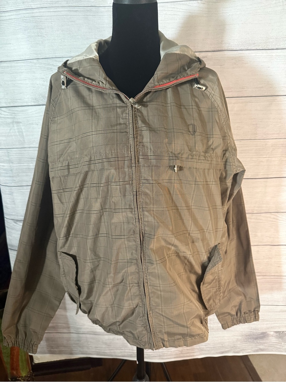 Ben Sherman Men's Plaid Hooded Windbreaker in Taupe
